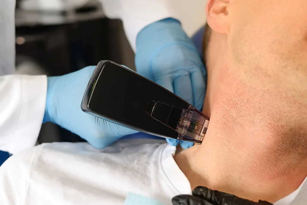 A man is receiving Medspa services at Haven Skin Wellness in Southern Pines, NC